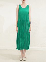 Pleated Solid Color Split-Joint Loose Sleeveless Round-Neck Midi Dresses