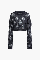 Round Neck Ripped Open Knit Long Sleeve Top