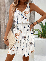 Buttoned Elasticity Flower Print A-Line Loose V-Neck Mini Dresses