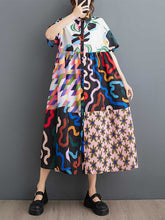 A-line Loose Buttoned Printed Split-Joint Lapel Midi Dresses Shirt Dress
