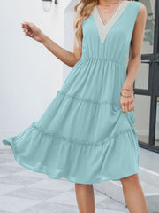 A-Line High Waisted Elasticity Pleated Split-Joint V-Neck Midi Dresses