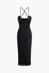 Cross Strap Mesh Ruched Midi Dress