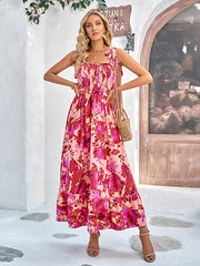 Bohemia A-Line Sleeveless Floral Printed U-Neck Maxi Dress
