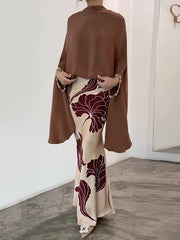 Flower Printed Batwing Sleeves Elegant Split-joint Shirt+Skirt Sets