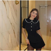Elegant Slim Mini Dress Women Lace Short Sleeve Doll Collar Button Splice Autumn Fashion Classic Office Dresses FemaleChristmas Gifts
