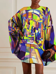 Buttoned Hollow Printed Batwing Sleeves Long Sleeves Round-neck Mini Dresses