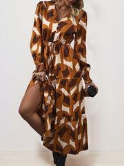 Buttoned Elasticity Pleated Printed Split-Joint Tied Waist A-Line Long Sleeves V-Neck Midi Dresses