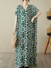 Floral Printed Batwing Sleeves Loose V-Neck Maxi Dresses