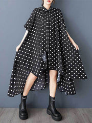 Asymmetric Buttoned Polka-Dot A-Line High-Low Lapel Shirt Dress Midi Dresses
