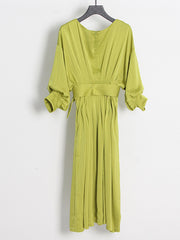 High Waisted Loose Belted Solid Color Boat Neck Midi Dresses