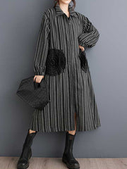 A-Line Long Sleeves Elasticity Pockets Striped Zipper Lapel Midi Dresses