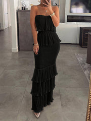 Bodycon Sleeveless Elasticity Pleated Split-Joint Tube Maxi Dresses
