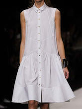 A-line Loose Buttoned Pleated Solid Color Lapel Mini Dresses