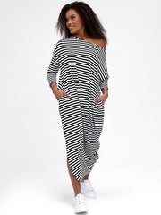 Batwing Sleeves Striped Round-Neck Maxi Dresses