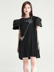Urban Puff Sleeves Split-Joint Black Pleated Mini Dress