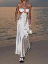 Solid Color Pleated Bandage Spaghetti-Neck Elegant Satin Maxi Dresses