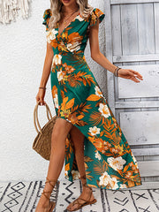 Flower Print Split-Joint High-Low Loose V-Neck Maxi Dresses