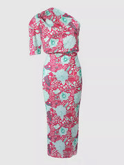 Asymmetric Flower Print Half Sleeves Loose One-Shoulder Maxi Dresses