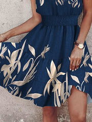 Color-Block Contrast Color Elasticity Split-Joint Loose Sleeveless Halter-Neck Mini Dresses