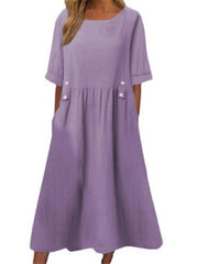 Buttoned Pleated Pockets A-Line Loose Round-Neck Midi Dresses