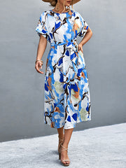 A-Line Loose Hollow Printed Tied Waist Round-Neck Midi Dresses