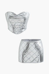 Metallic Quilted Zipper Tube Top And Mini Skirt Set