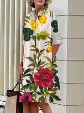 A-Line Long Sleeves Flower Print Pockets Split-Joint Lapel Midi Dresses