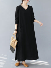 Pockets Solid Color Split-Side A-Line Long Sleeves V-Neck Maxi Dresses