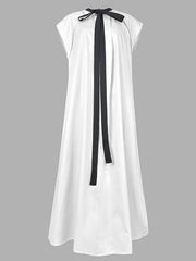 A-Line Loose Pleated Tied Round-Neck Midi Dresses