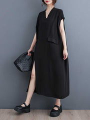 Solid Color Split-Front Split-Joint A-Line Loose V-Neck Midi Dresses