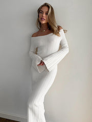 Knit Long Sleeve Slim Dress For Women Elegant One-Shoulder Sexy Long Gown Dresses Solid Rib Sweater Dress Autumn WinterChristmas Gifts