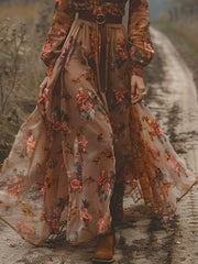 Floral Ruffled Long Sleeves Vintage Maxi Dresses