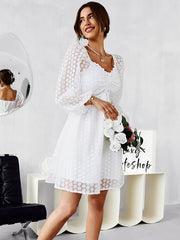 Vacation Puff Sleeves A-Line Solid V-Neck Dress