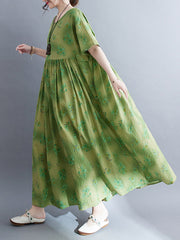 Floral Printed Loose Short Sleeves Round-Neck Midi Dresses