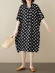 Polka-Dot Loose Short Sleeves V-Neck Midi Dresses