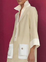A-Line Loose Buttoned Contrast Color Pockets Stand Collar Mini Dresses