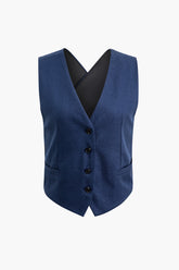 Cross Back Belted V-neck Button Up Vest