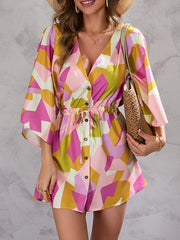 Buttoned Drawstring Printed A-Line Half Sleeves V-Neck Mini Dresses