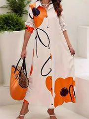 Long Sleeves Loose Floral Printed Split-Joint Lapel Maxi Dresses Shirt Dress