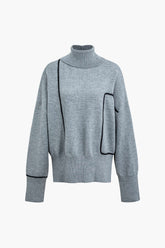 Contrast Piping Turtleneck Slit Long Sleeve Sweater