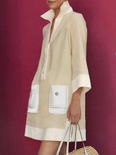 A-Line Loose Buttoned Contrast Color Pockets Stand Collar Mini Dresses