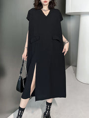 Loose Short Sleeves Asymmetric Solid Color Split-Joint Split-Side V-Neck Midi Dresses