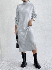 Long Sleeves Loose No Belt Solid Color Split-Side High Neck Midi Dresses