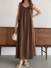High Waisted Loose Pleated Solid Color Tied Round-Neck Maxi Dresses