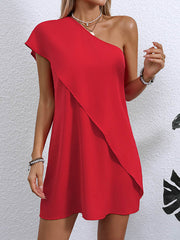 Asymmetric Solid Color A-Line False Two One-Shoulder Mini Dresses