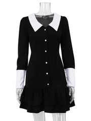 High Waist Women's Evening Dress Retro Splice Long Sleeve Turn Collar Folds Mini Dress Woman Party Wedding Dresses WomenChristmas Gifts