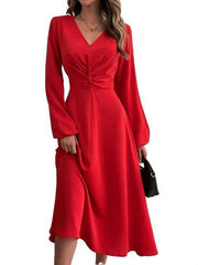 Pleated Solid Color Zipper A-Line High Waisted V-Neck Midi Dresses