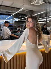 Knitted Backless Long Dress For Women Ruffled Lace Up High Waist Maxi Dresses Femme Party Elegant Bandage Fashion DressChristmas Gifts