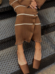 Elegant Slim Striped Knit Long Dress Women's Lapel Retro Block Color Long Sleeve Button Sweater Dress Club Party DressChristmas Gifts