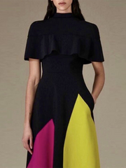Contrast Color Loose Short Sleeves Stand Collar Maxi Dresses